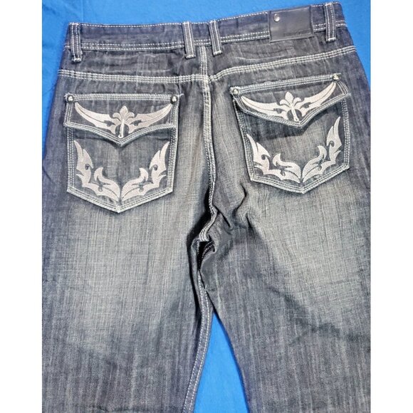 Basic Code Vintage Denim Jeans Men's Size W38 L34 Wide Leg Baggy Embroidered - Picture 5 of 16